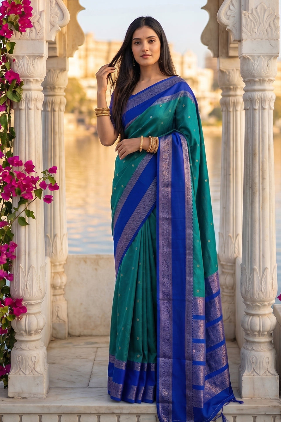 Elegant Teal Blue Soft Silk Saree with Royal Blue Zari Border for Women