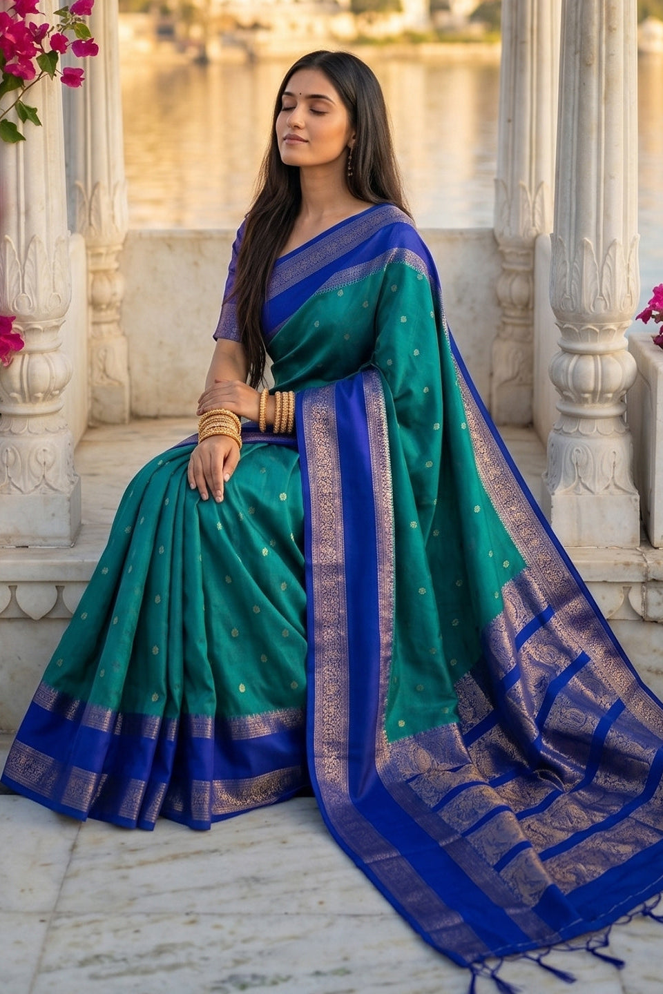 Elegant Teal Blue Soft Silk Saree with Royal Blue Zari Border for Women
