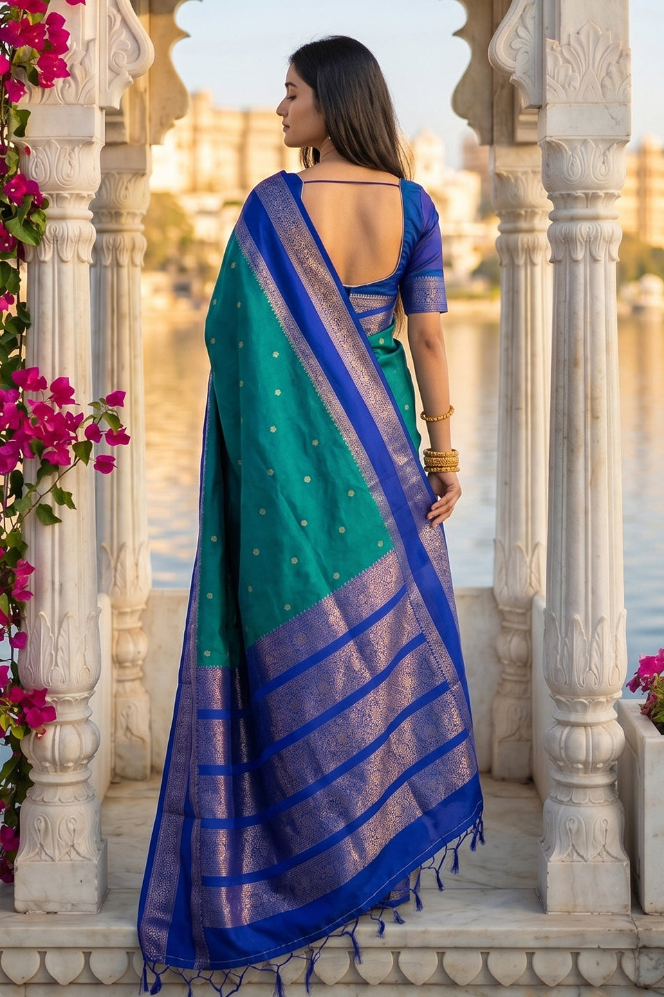 Elegant Teal Blue Soft Silk Saree with Royal Blue Zari Border for Women