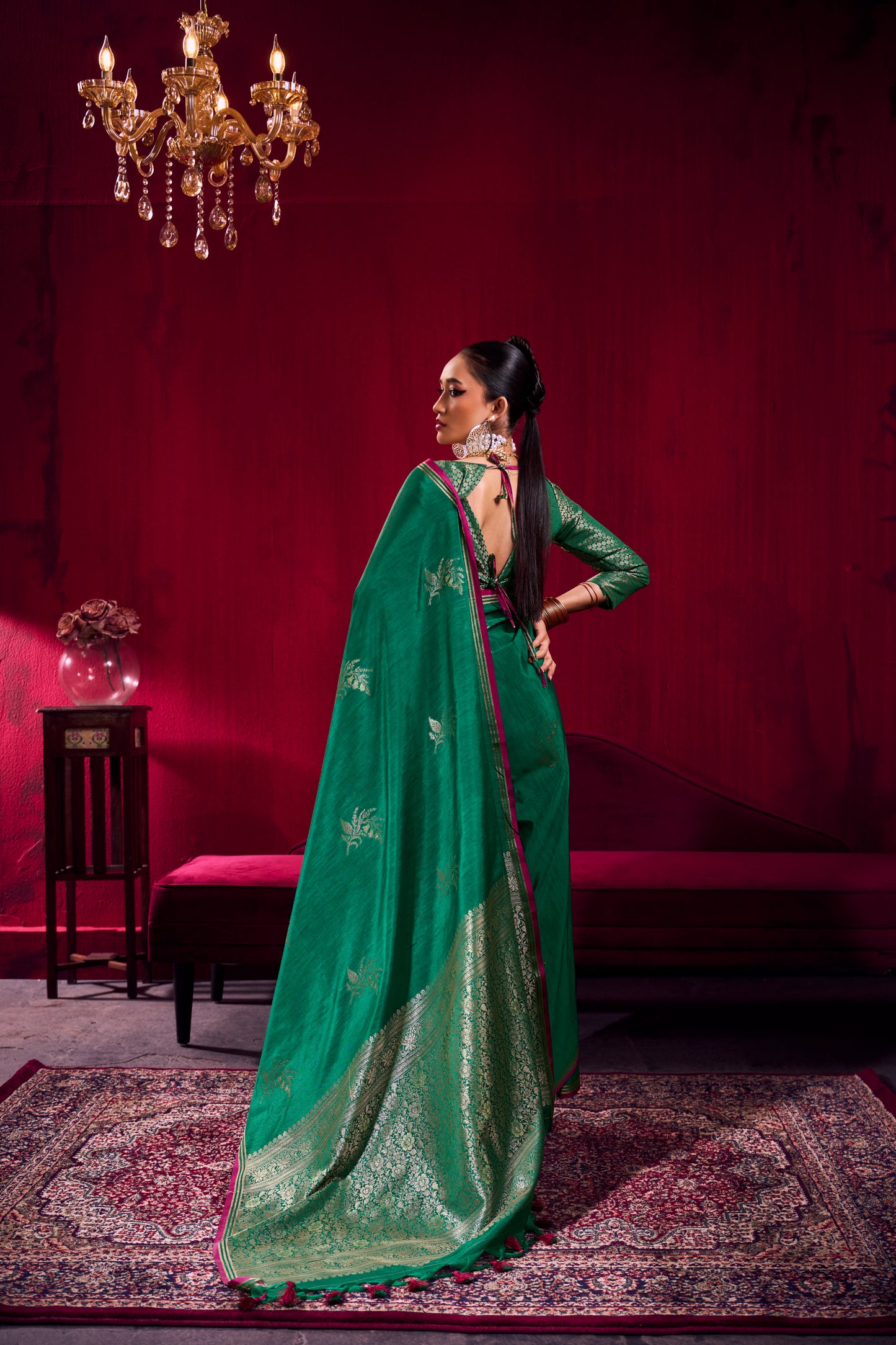 Emerald Green Soft Silk Saree for Women with Zari Weaving Border