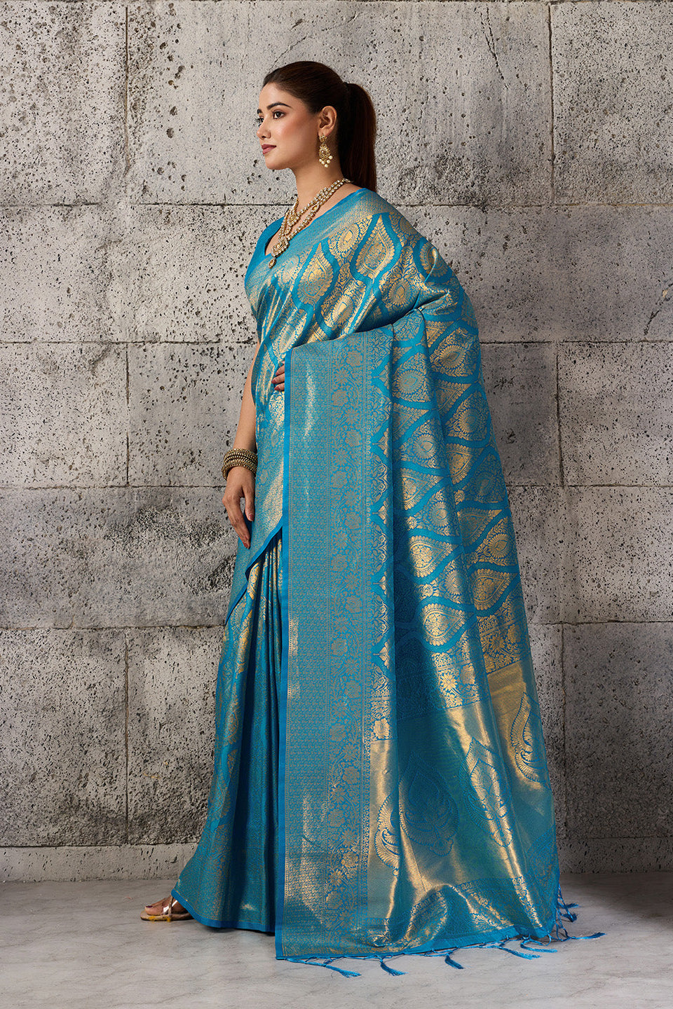 Firoza Blue Banarasi Kanjivaram Silk Saree with Rich Zari Work