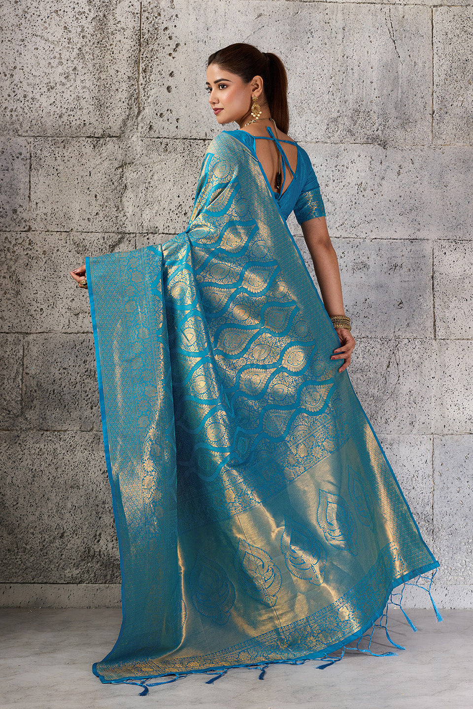 Firoza Blue Banarasi Kanjivaram Silk Saree with Rich Zari Work