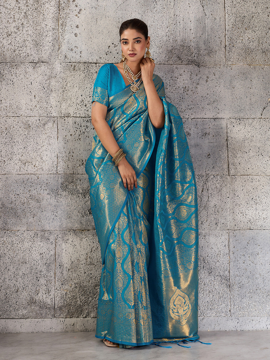 Firoza Blue Banarasi Kanjivaram Silk Saree with Rich Zari Work