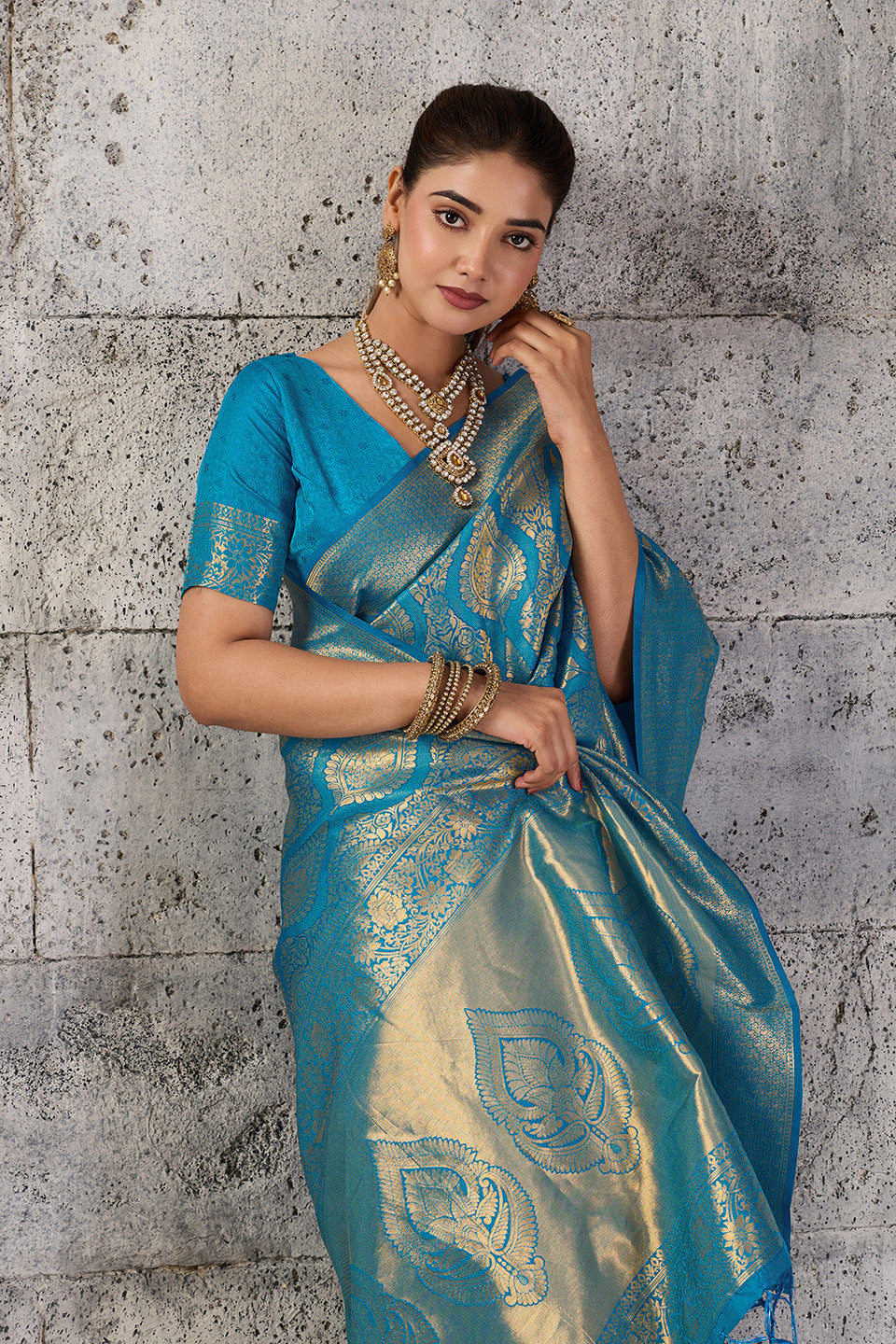 Firoza Blue Banarasi Kanjivaram Silk Saree with Rich Zari Work