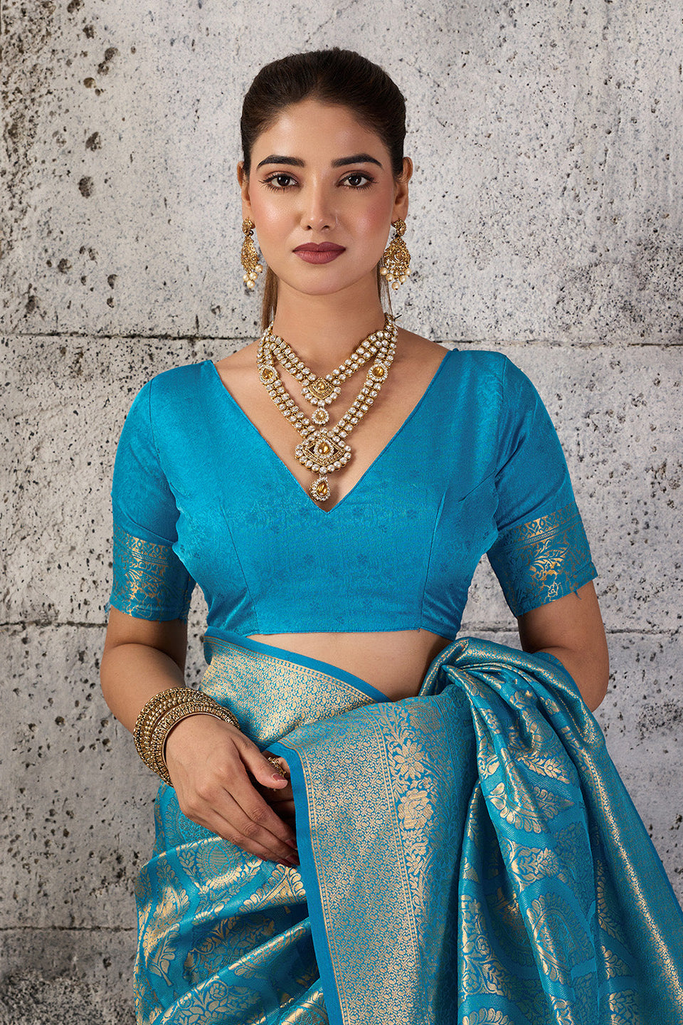 Firoza Blue Banarasi Kanjivaram Silk Saree with Rich Zari Work