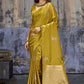 Golden Olive Katan Silk Saree with Antique Zari Border and Tiger Buttas