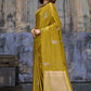 Golden Olive Katan Silk Saree with Antique Zari Border and Tiger Buttas