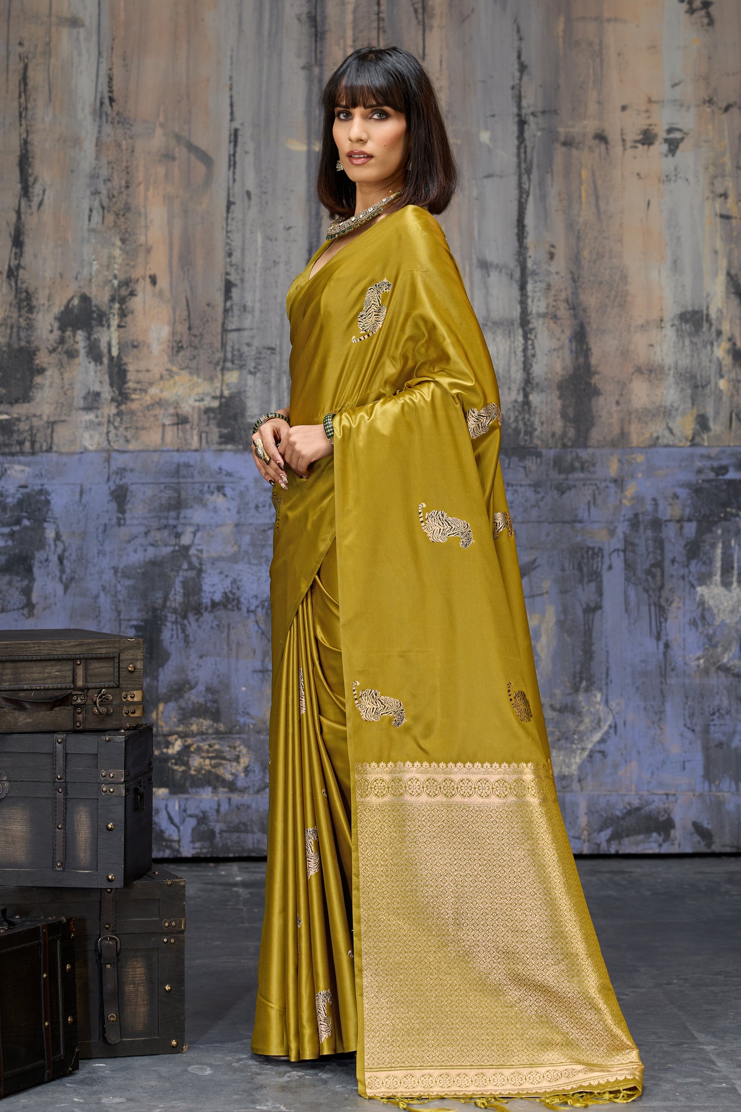 Golden Olive Katan Silk Saree with Antique Zari Border and Tiger Buttas