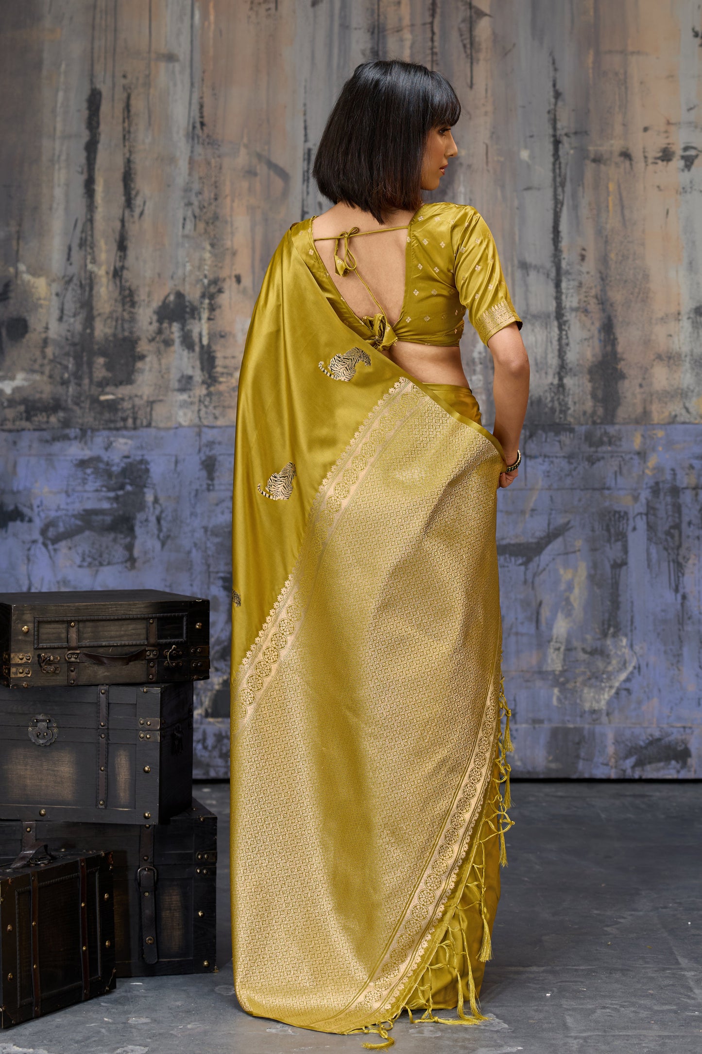Golden Olive Katan Silk Saree with Antique Zari Border and Tiger Buttas