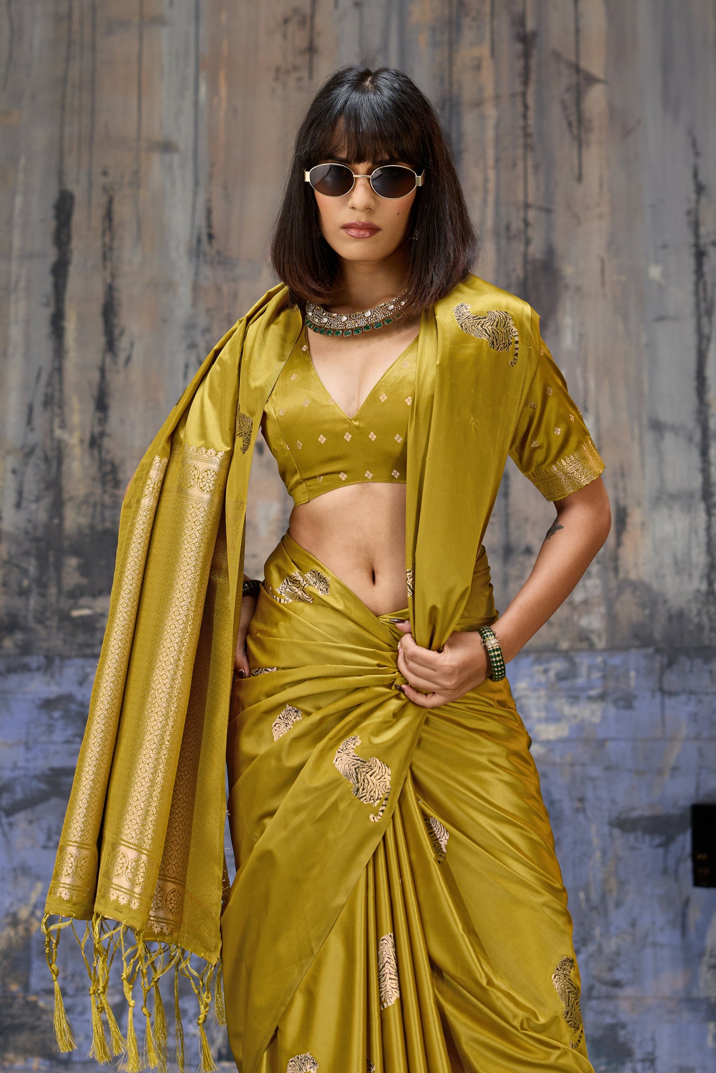 Golden Olive Katan Silk Saree with Antique Zari Border and Tiger Buttas