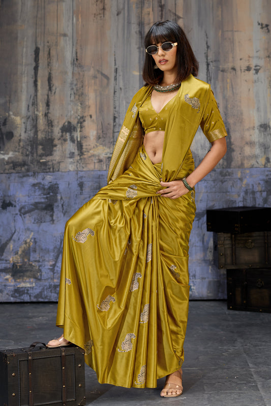 Golden Olive Katan Silk Saree with Antique Zari Border and Tiger Buttas