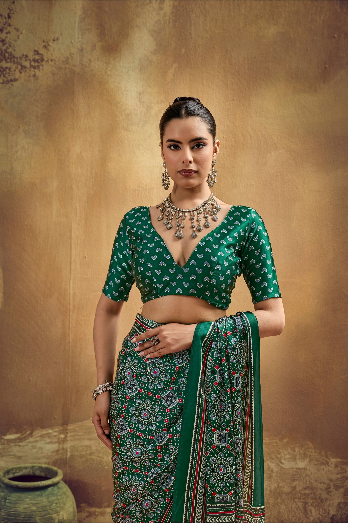 Green Printed Silk Saree with Traditional Ajrakh Motifs