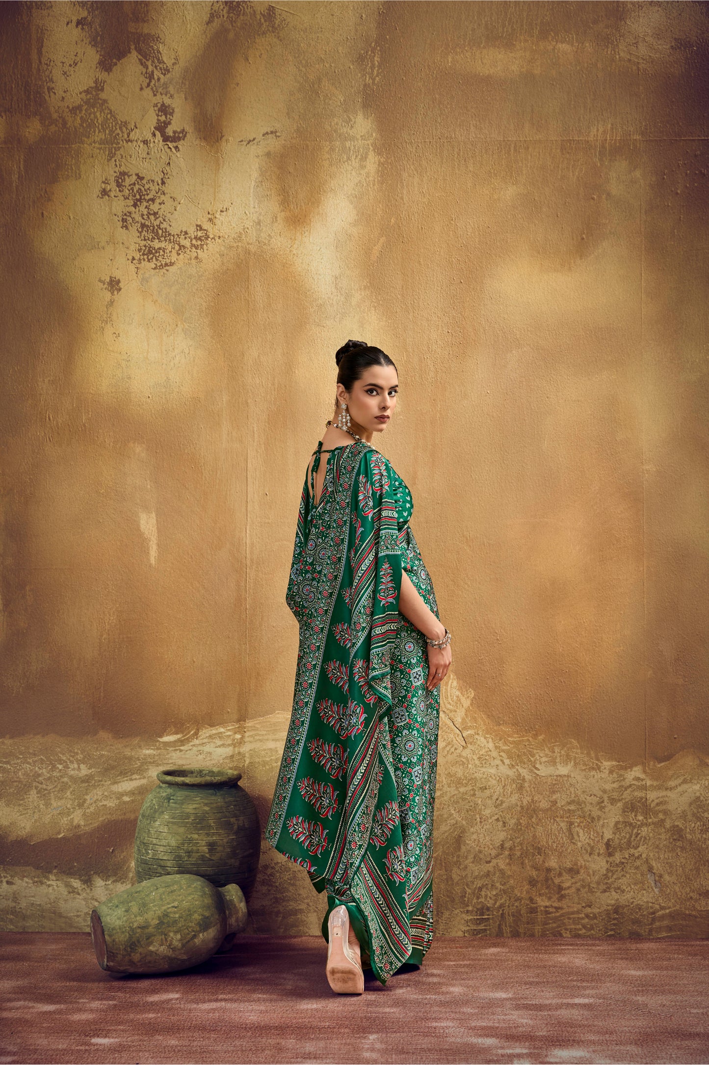 Green Printed Silk Saree with Traditional Ajrakh Motifs
