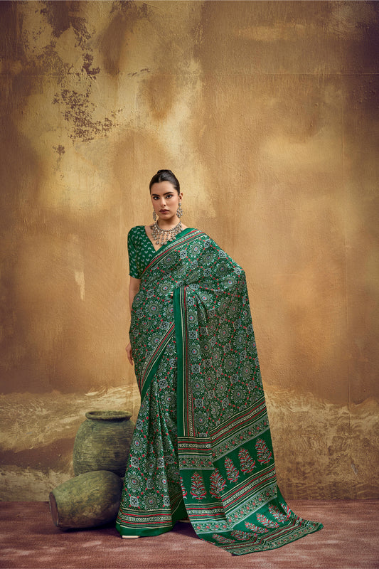 Green Printed Silk Saree with Traditional Ajrakh Motifs