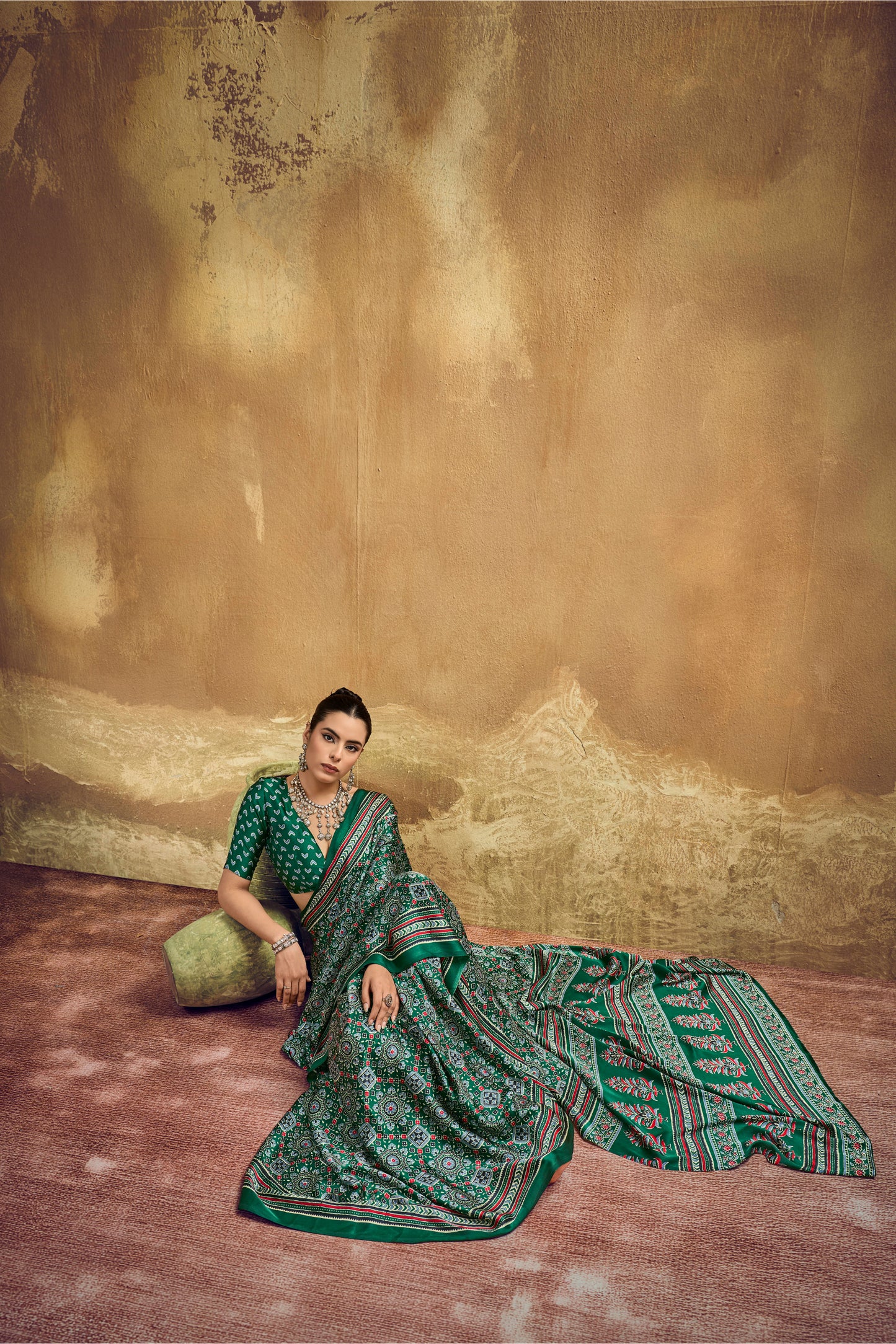 Green Printed Silk Saree with Traditional Ajrakh Motifs