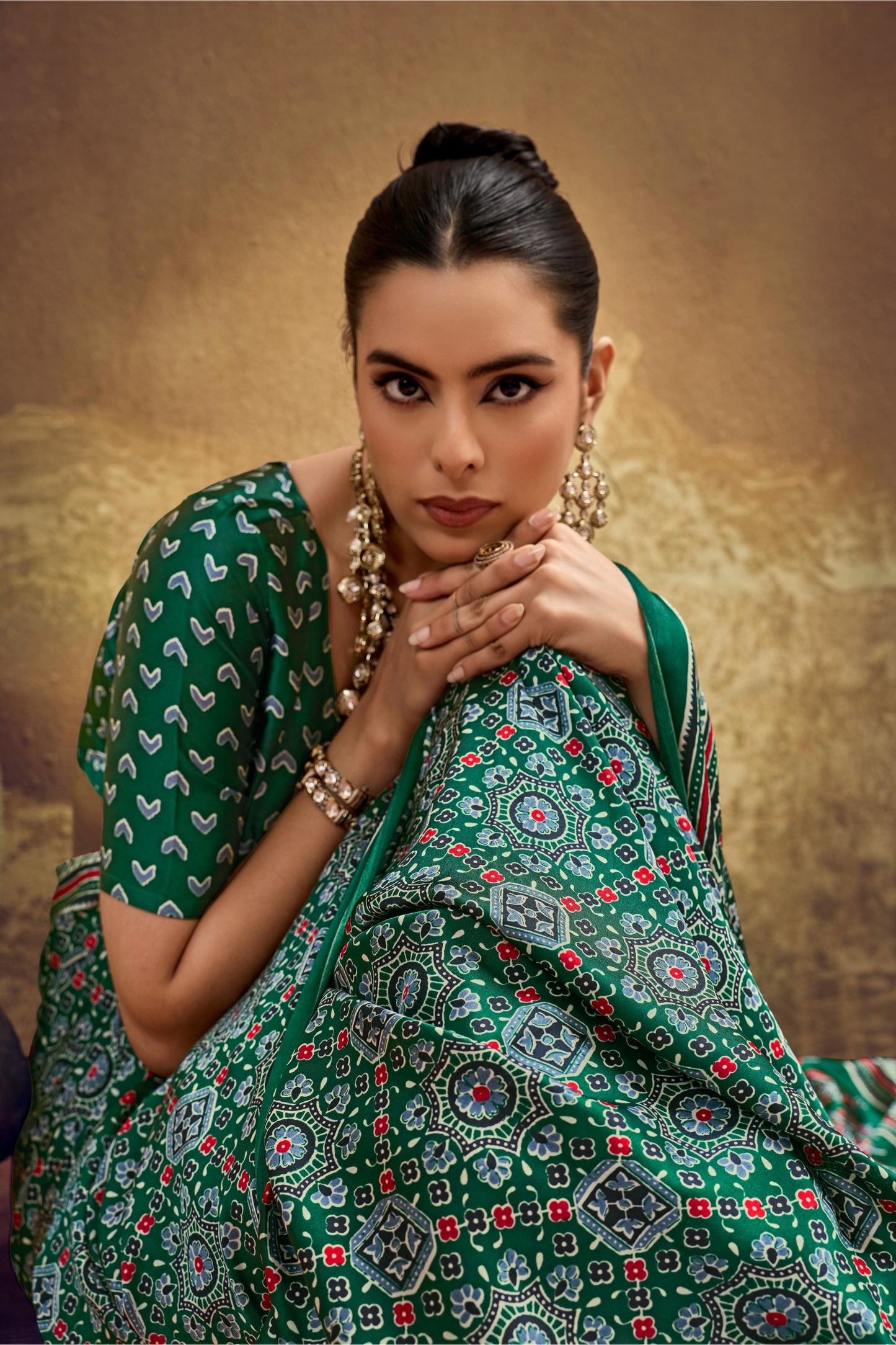 Green Printed Silk Saree with Traditional Ajrakh Motifs