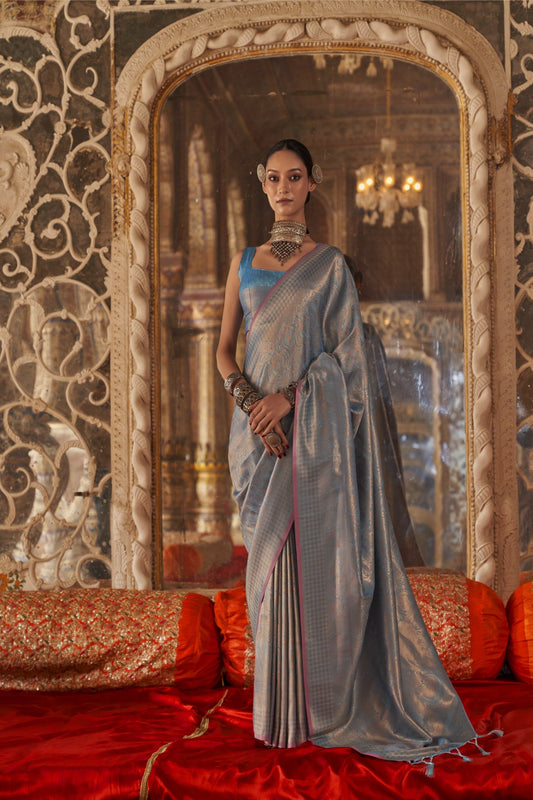 Grey Kanjivaram Silk Saree with Elegant Zari Weaving