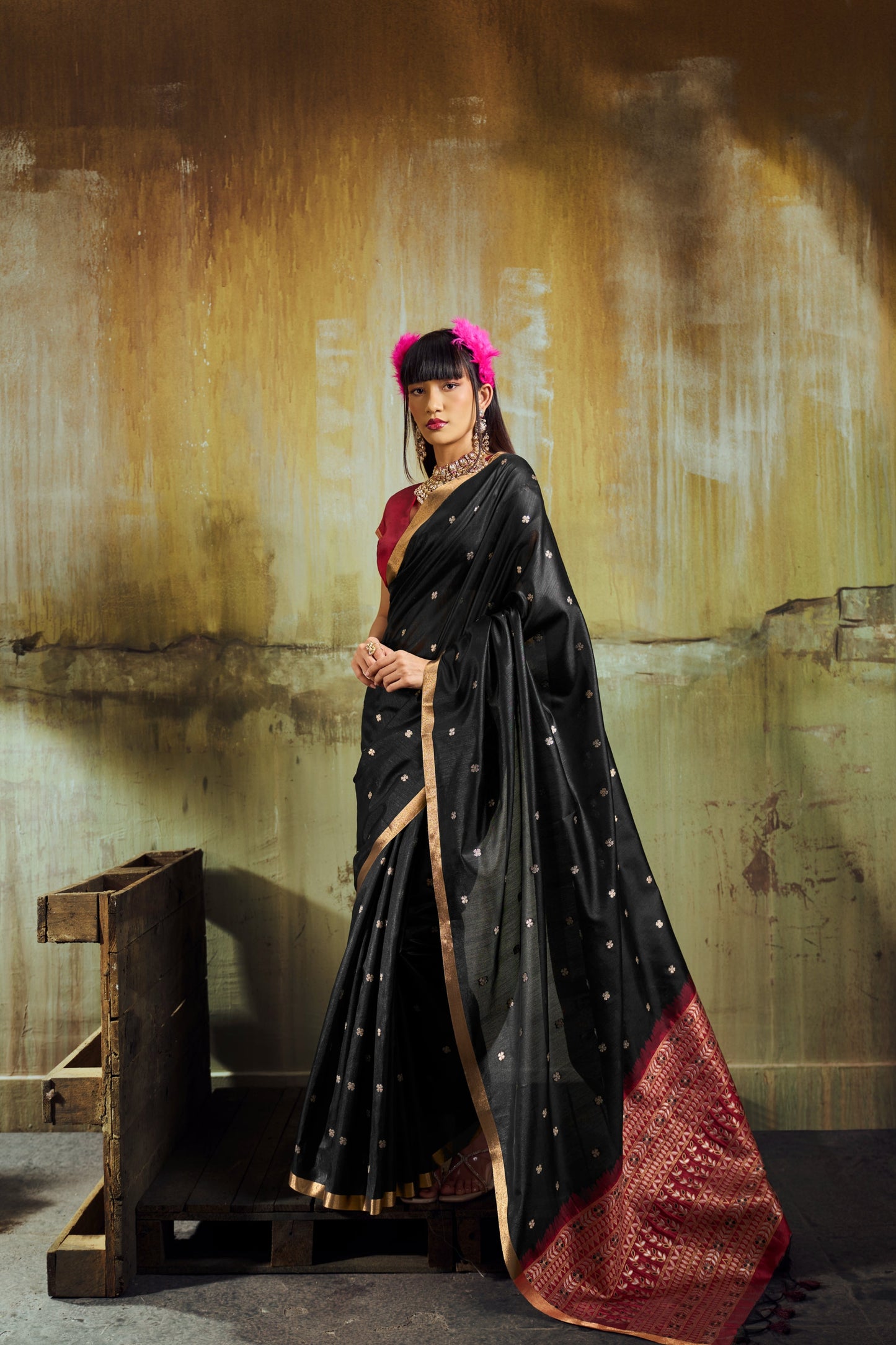 Jet Black Banarasi Silk Saree with Rich Zari Work