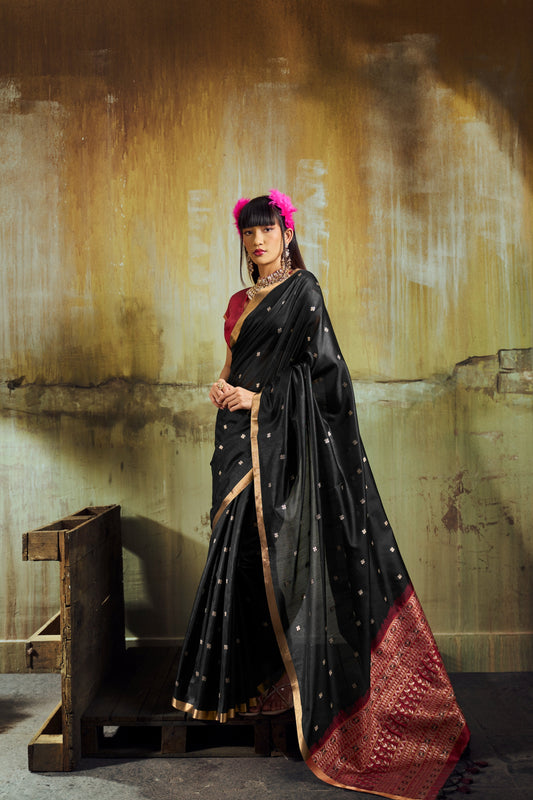 Jet Black Banarasi Silk Saree with Rich Zari Work