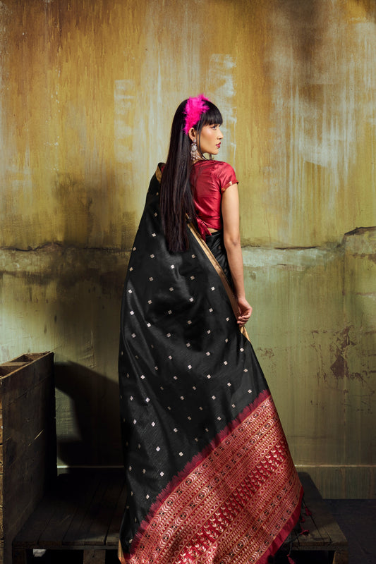 Jet Black Banarasi Silk Saree with Rich Zari Work