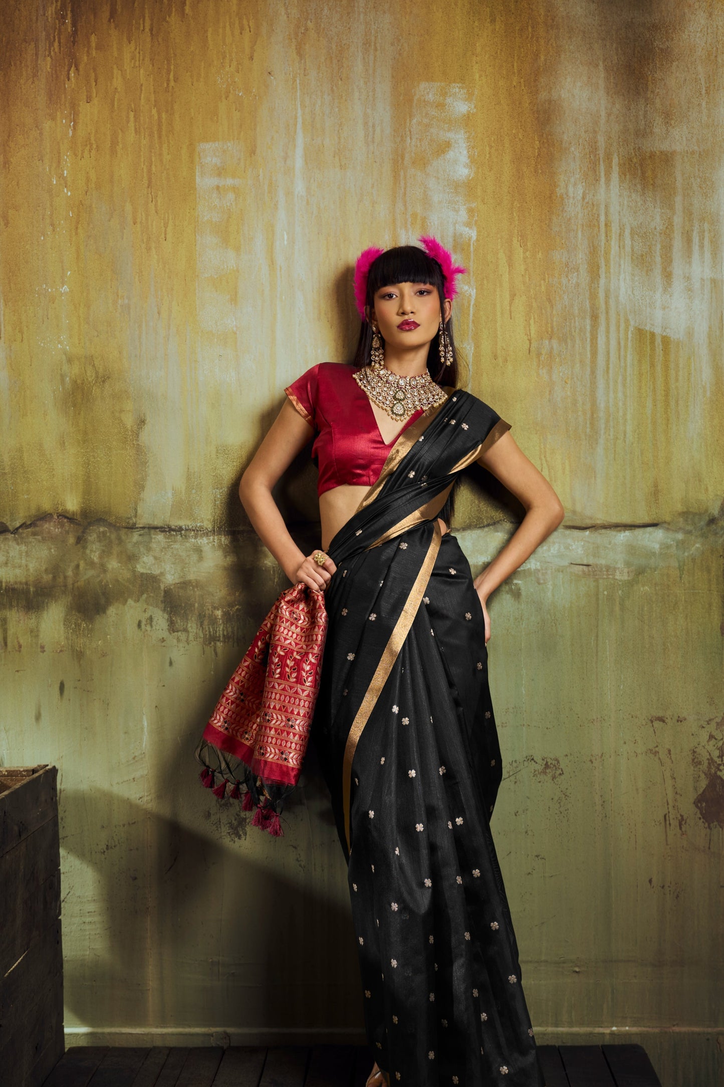 Jet Black Banarasi Silk Saree with Rich Zari Work