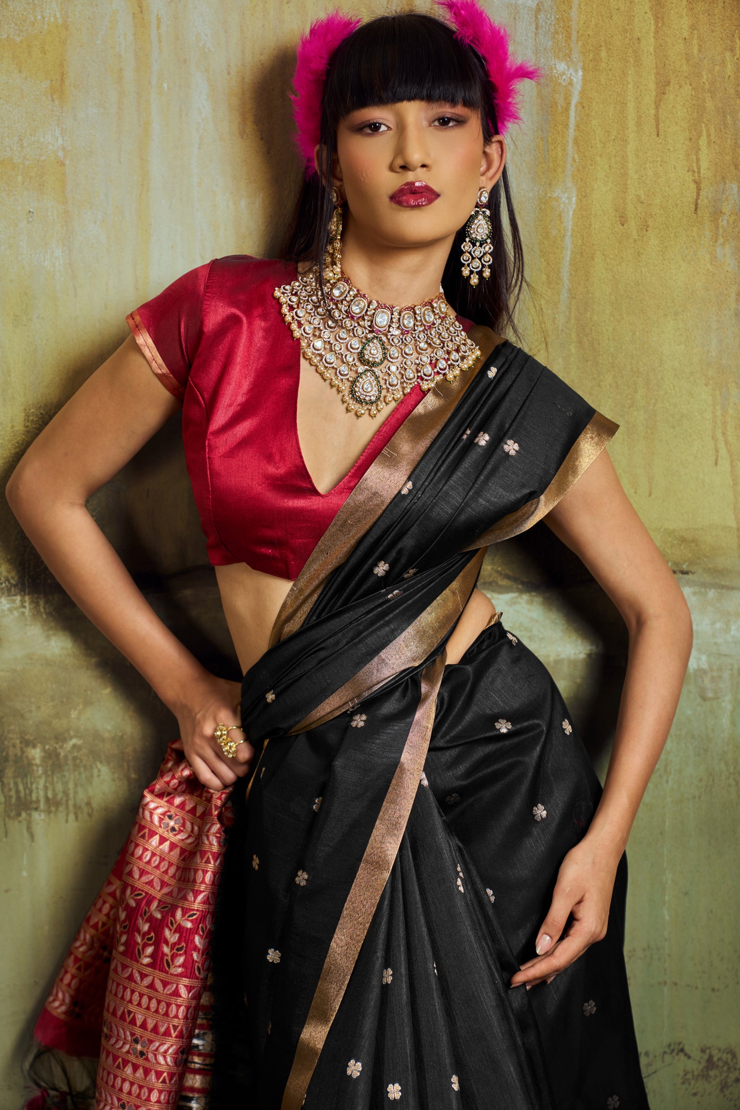Jet Black Banarasi Silk Saree with Rich Zari Work