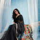 Jet Black Linen Organza Saree with Floral Organza Pallu & Zari Border