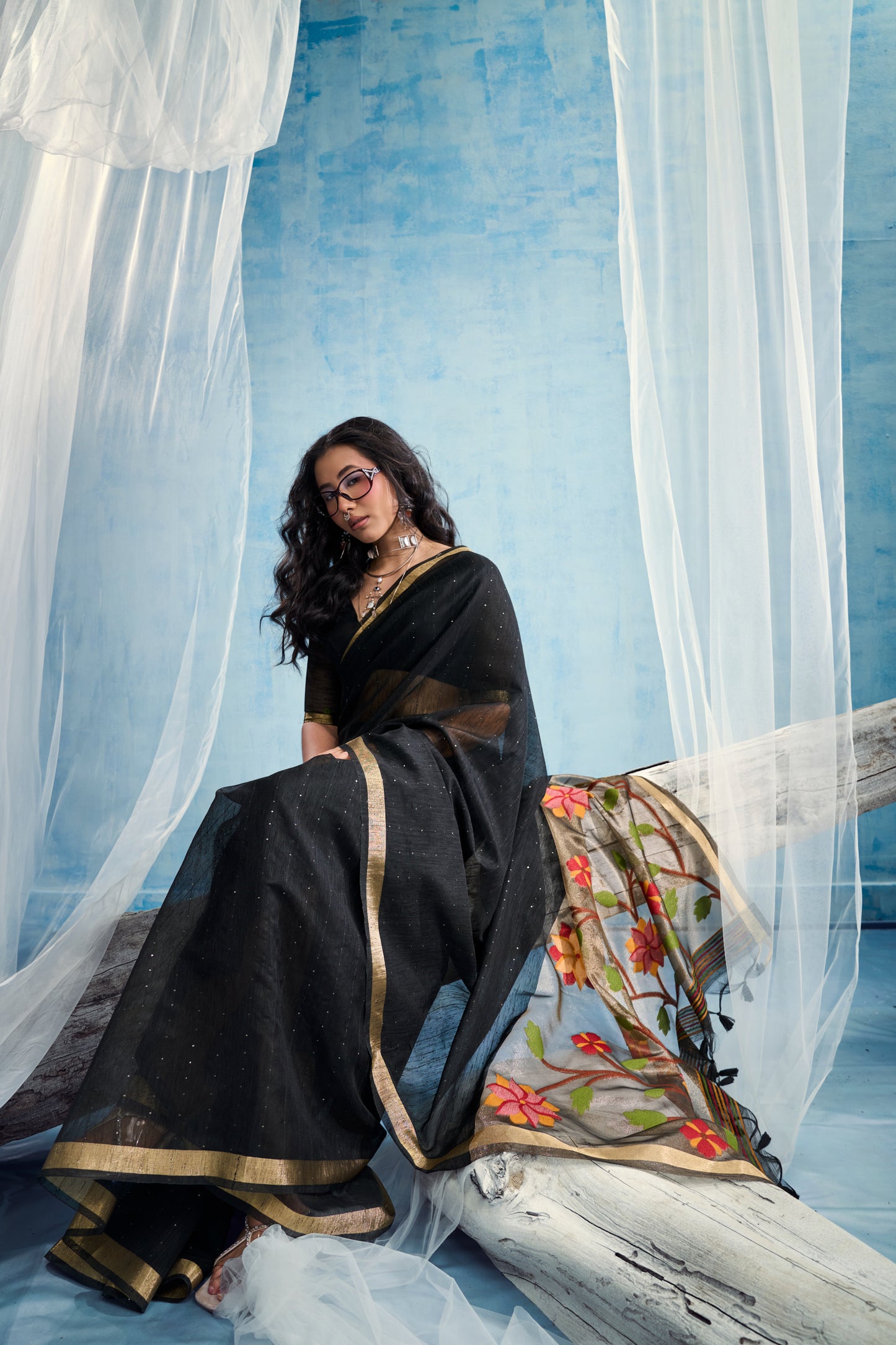 Jet Black Linen Organza Saree with Floral Organza Pallu & Zari Border