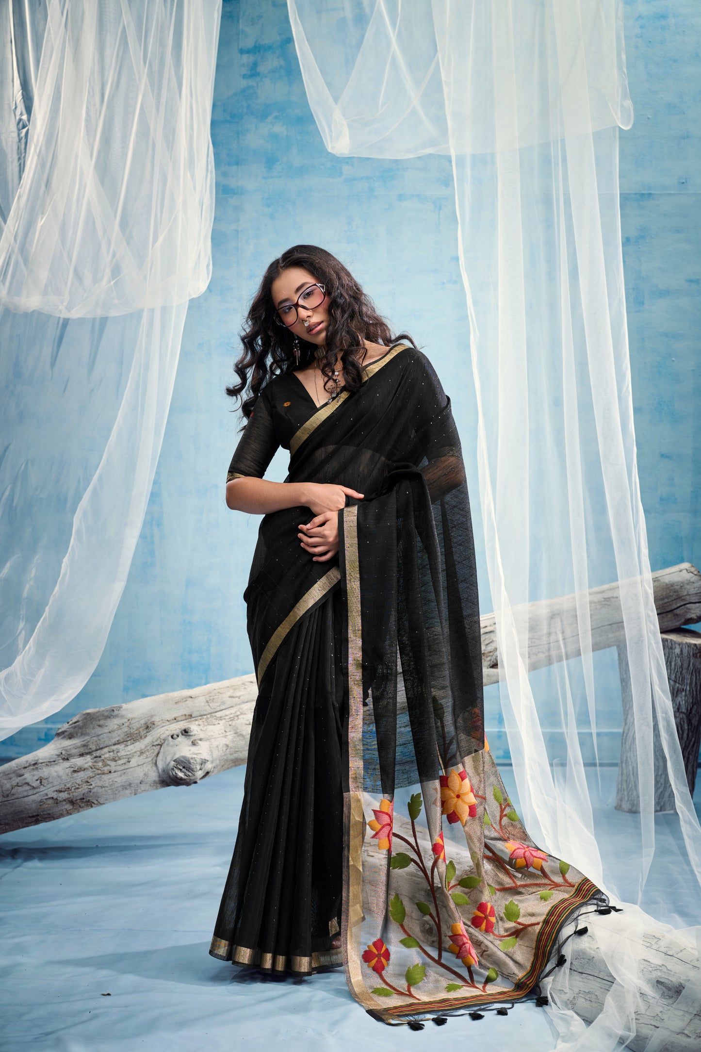 Jet Black Linen Organza Saree with Floral Organza Pallu & Zari Border