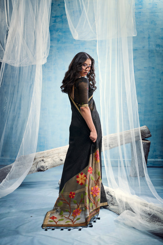 Jet Black Linen Organza Saree with Floral Organza Pallu & Zari Border