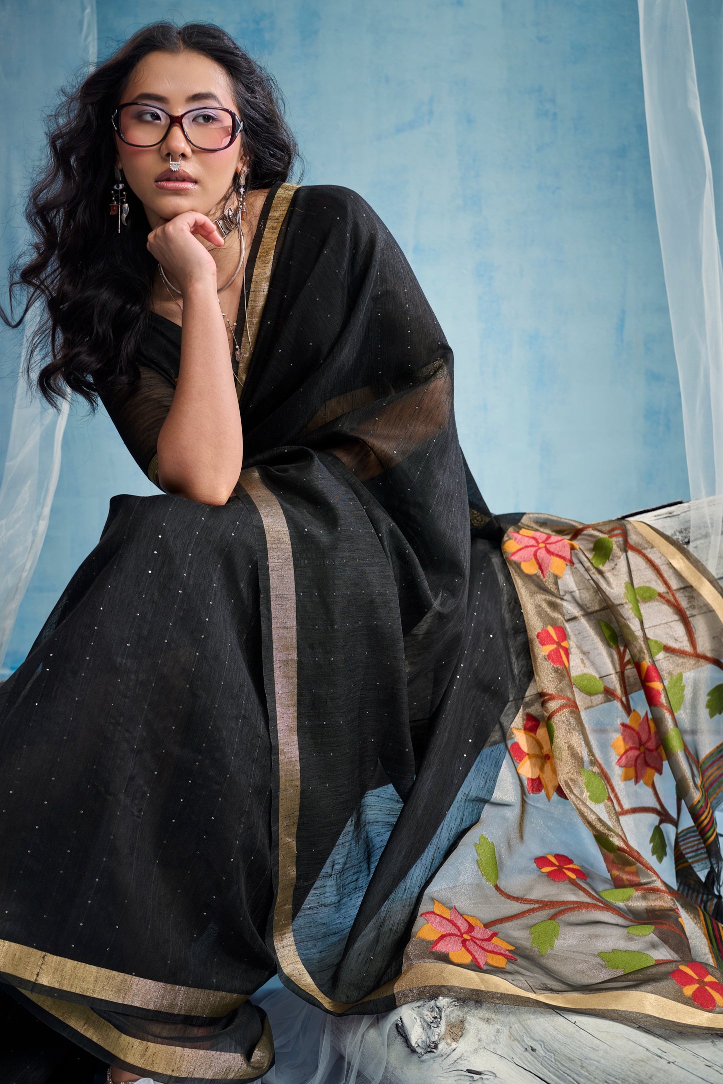 Jet Black Linen Organza Saree with Floral Organza Pallu & Zari Border