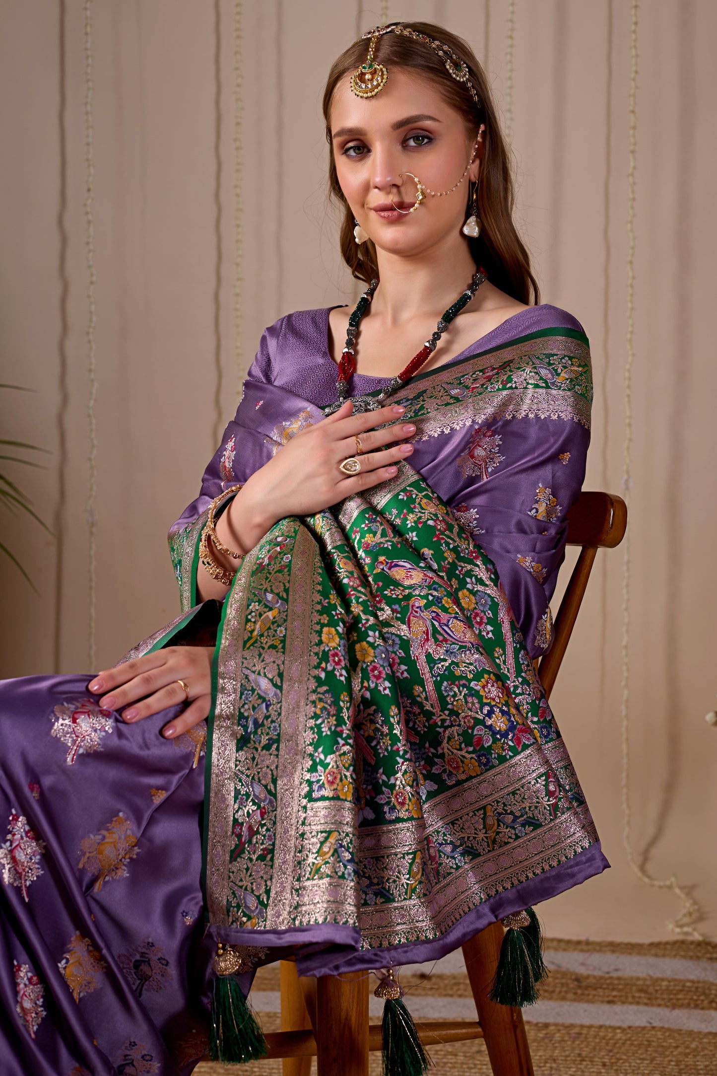 Lavender Purple Banarasi Kanjivaram Silk Saree with Rich Green Zari Work