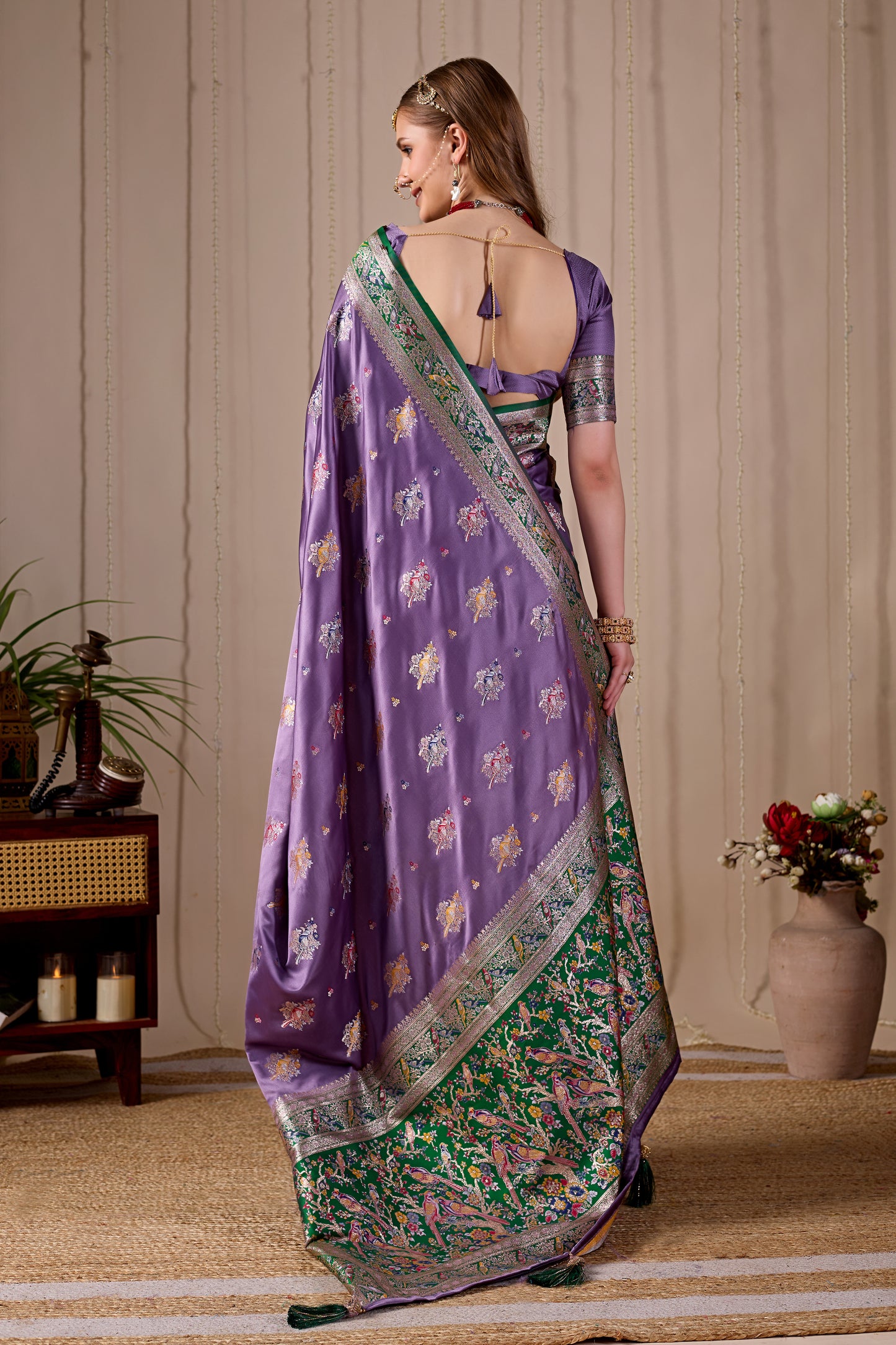 Lavender Purple Banarasi Kanjivaram Silk Saree with Rich Green Zari Work