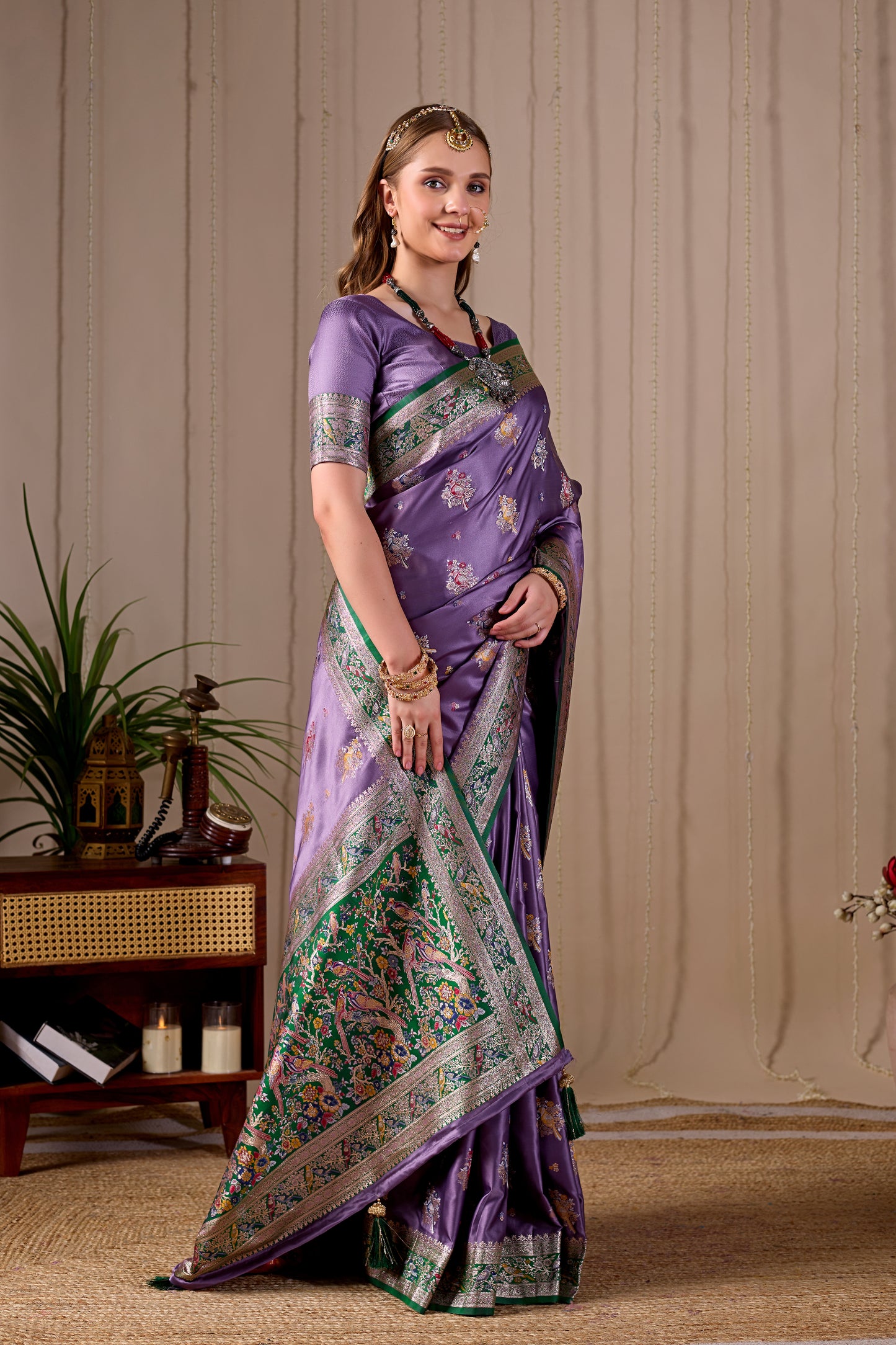 Lavender Purple Banarasi Kanjivaram Silk Saree with Rich Green Zari Work