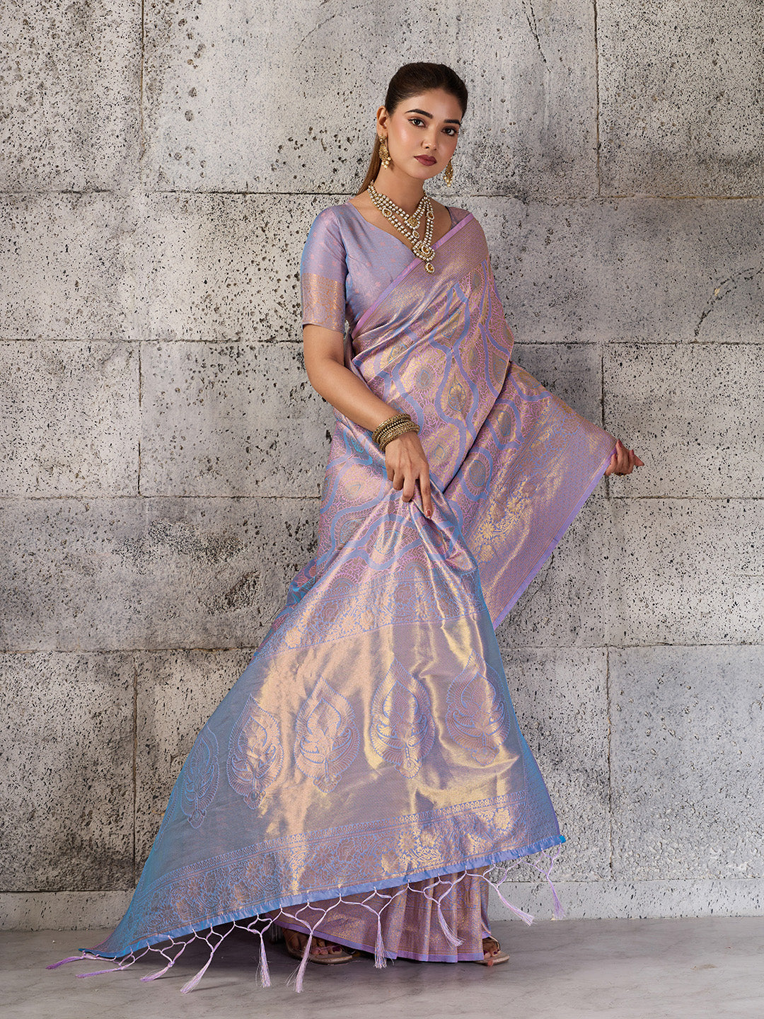 Lavender Pastel Pink Banarasi Kanjivaram Silk Saree with Rich Zari Work