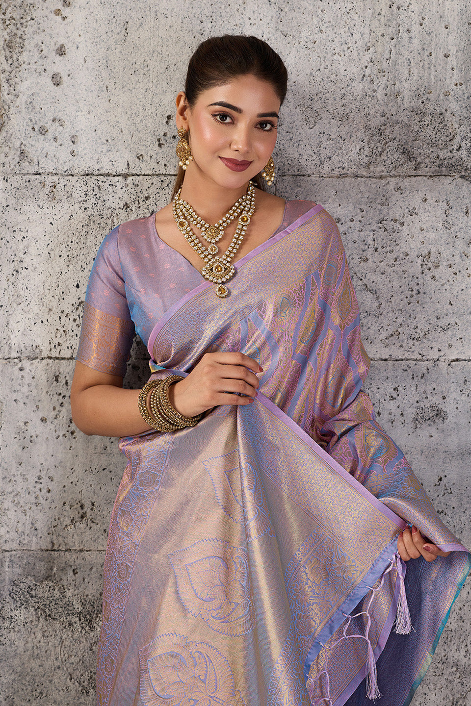 Lavender Pastel Pink Banarasi Kanjivaram Silk Saree with Rich Zari Work