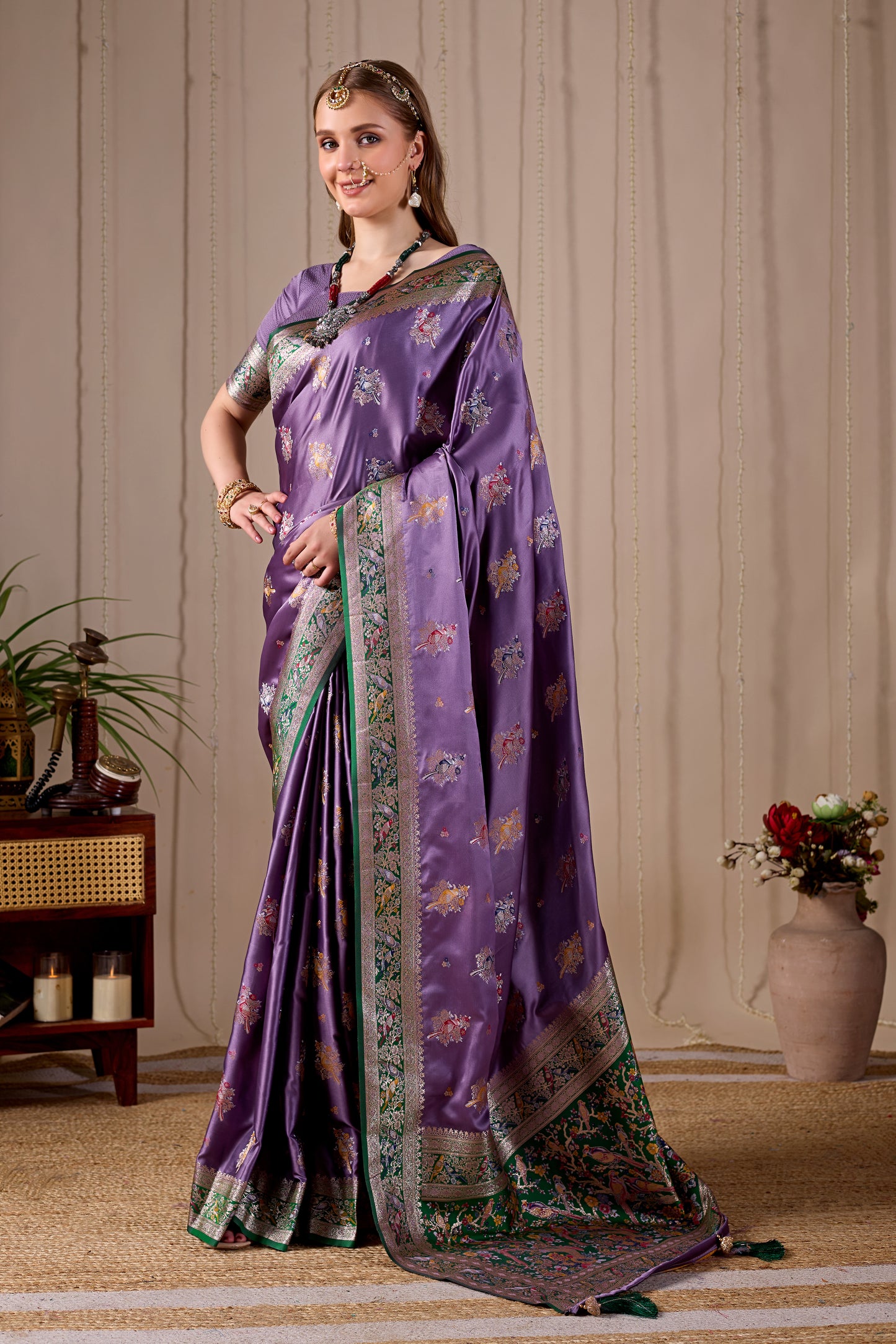 Lavender Purple Banarasi Kanjivaram Silk Saree with Rich Green Zari Work