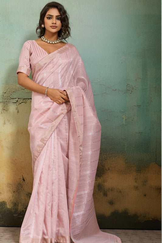 Light Pink Organza Silk Saree with Subtle Zari Stripes
