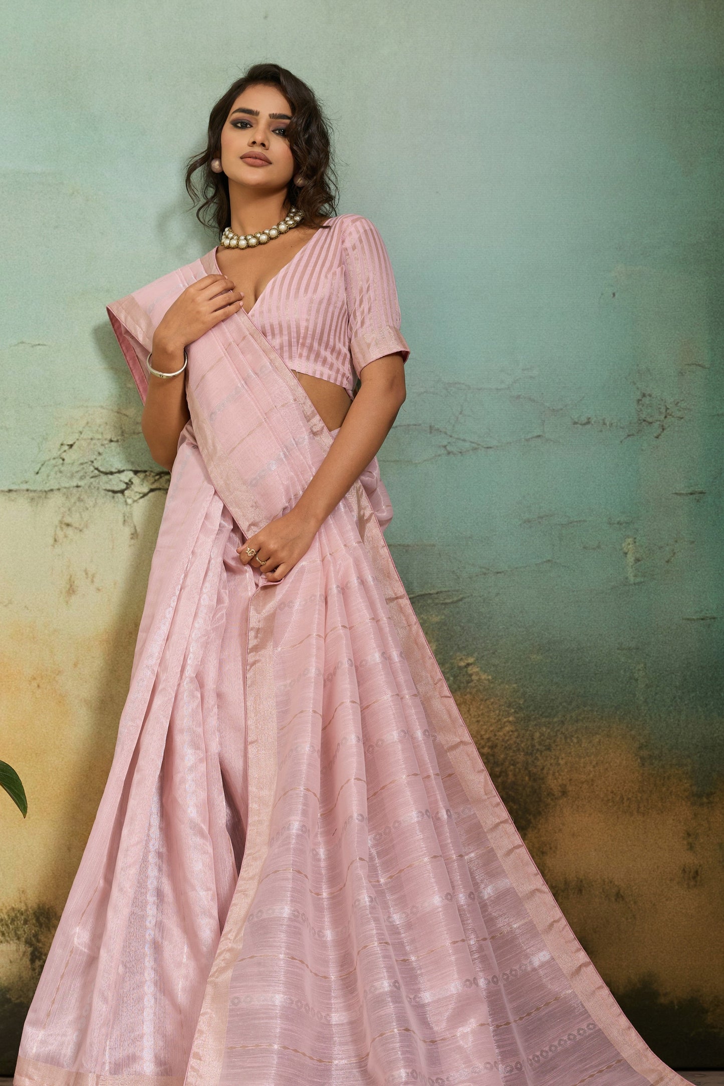 Light Pink Organza Silk Saree with Subtle Zari Stripes