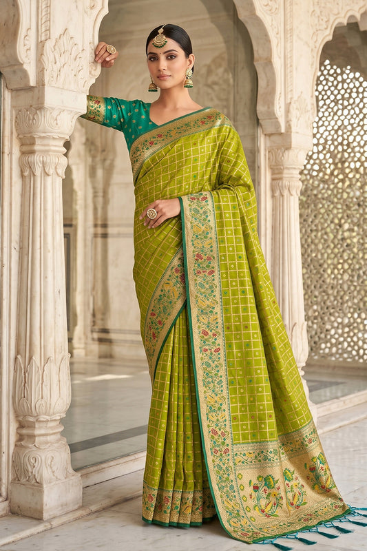 Lime Green Banarasi Silk Saree with Meenakari Paithani Pallu and Rama Green Blouse
