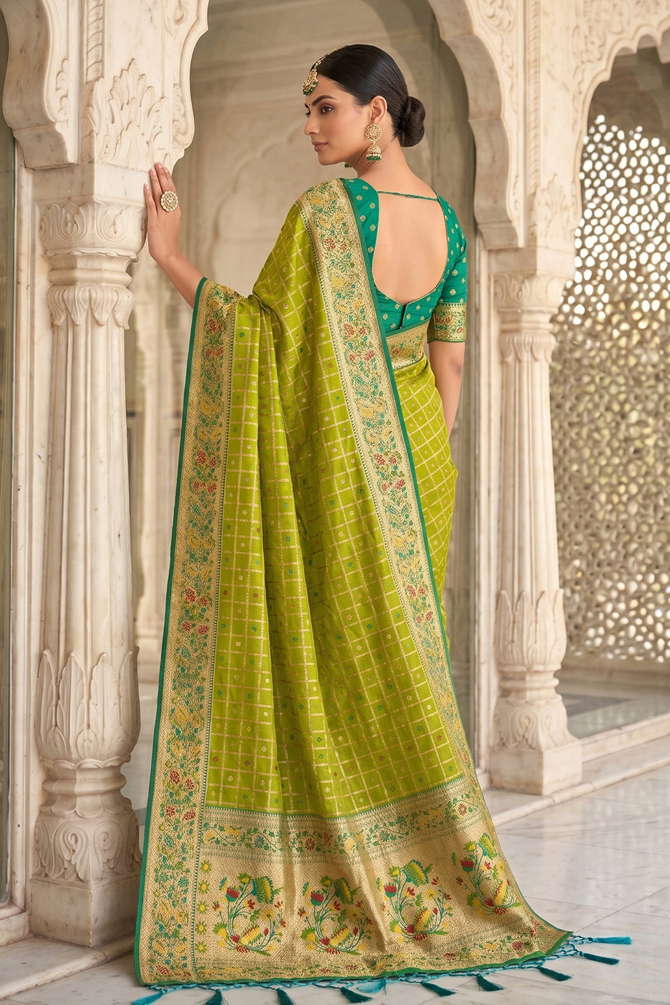 Lime Green Banarasi Silk Saree with Meenakari Paithani Pallu and Rama Green Blouse