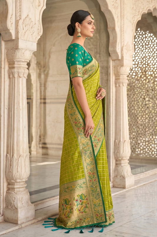 Lime Green Banarasi Silk Saree with Meenakari Paithani Pallu and Rama Green Blouse