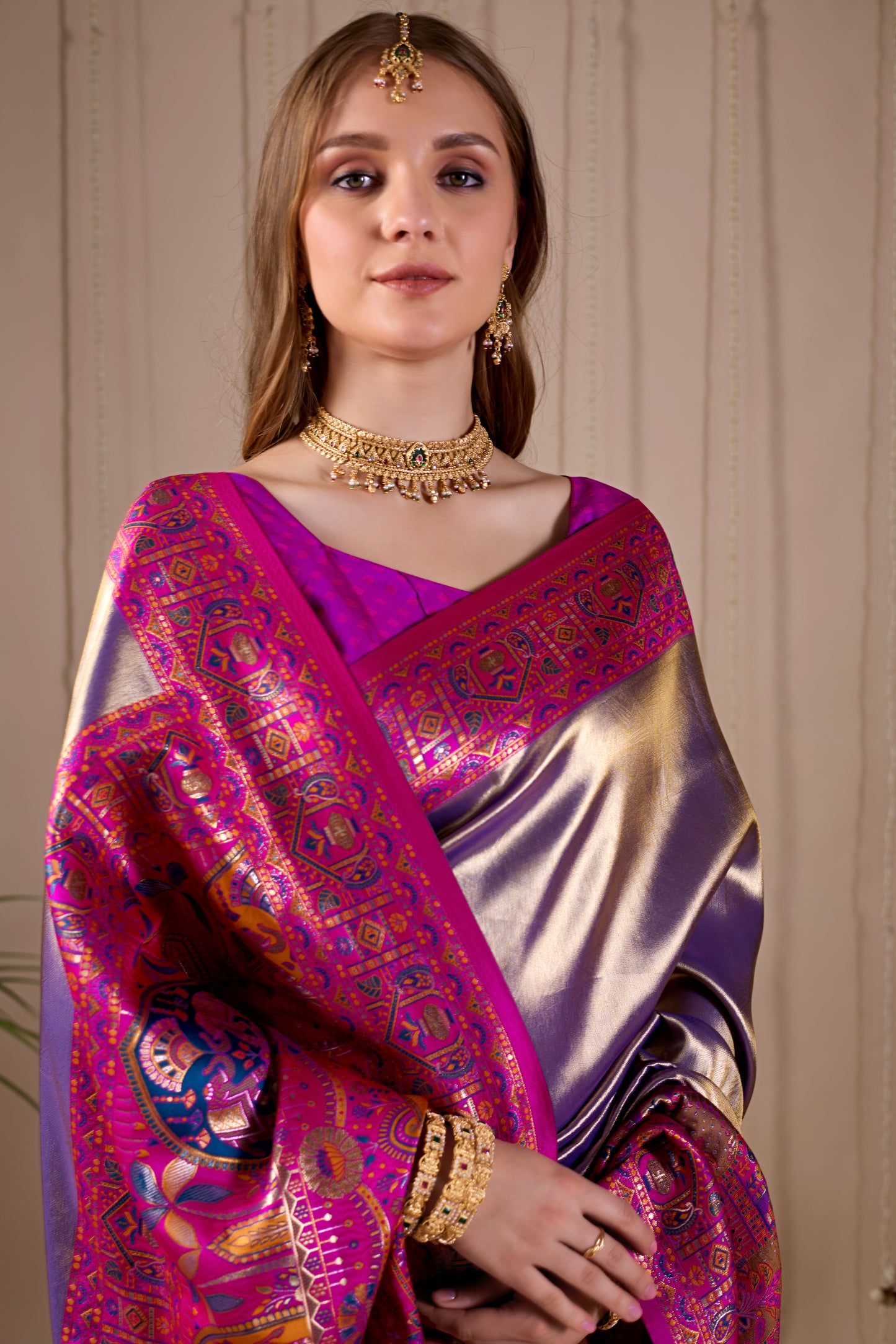Metallic Lavender Purple Banarasi Kanjivaram Silk Saree with Rich Pink Zari Work