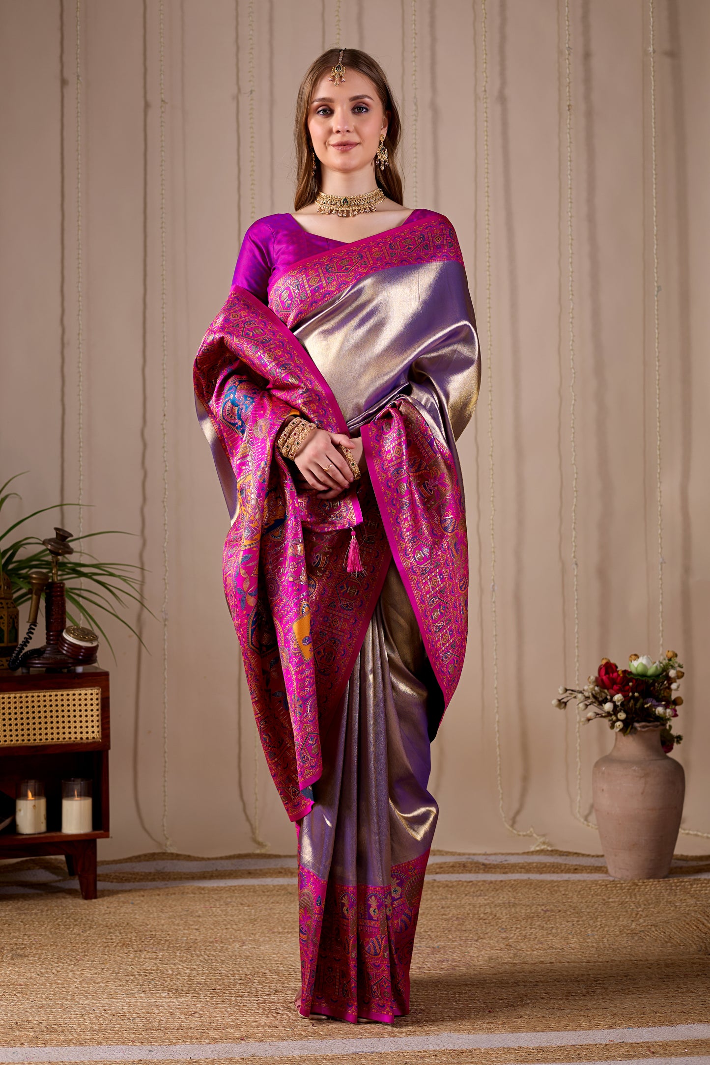 Metallic Lavender Purple Banarasi Kanjivaram Silk Saree with Rich Pink Zari Work