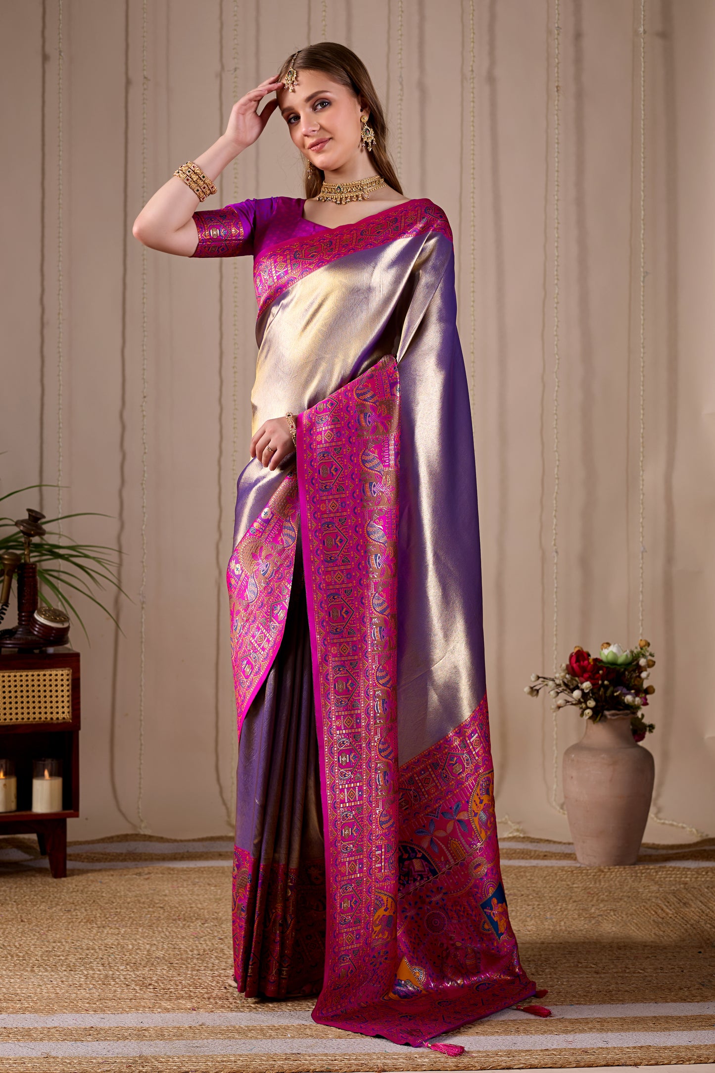 Metallic Lavender Purple Banarasi Kanjivaram Silk Saree with Rich Pink Zari Work