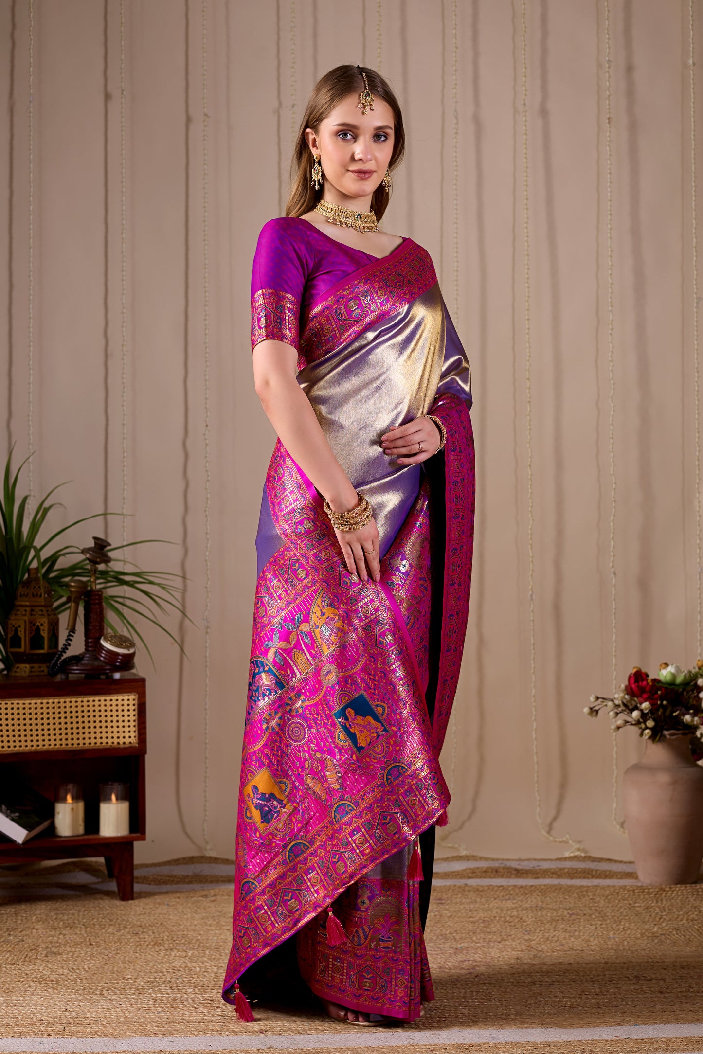 Metallic Lavender Purple Banarasi Kanjivaram Silk Saree with Rich Pink Zari Work