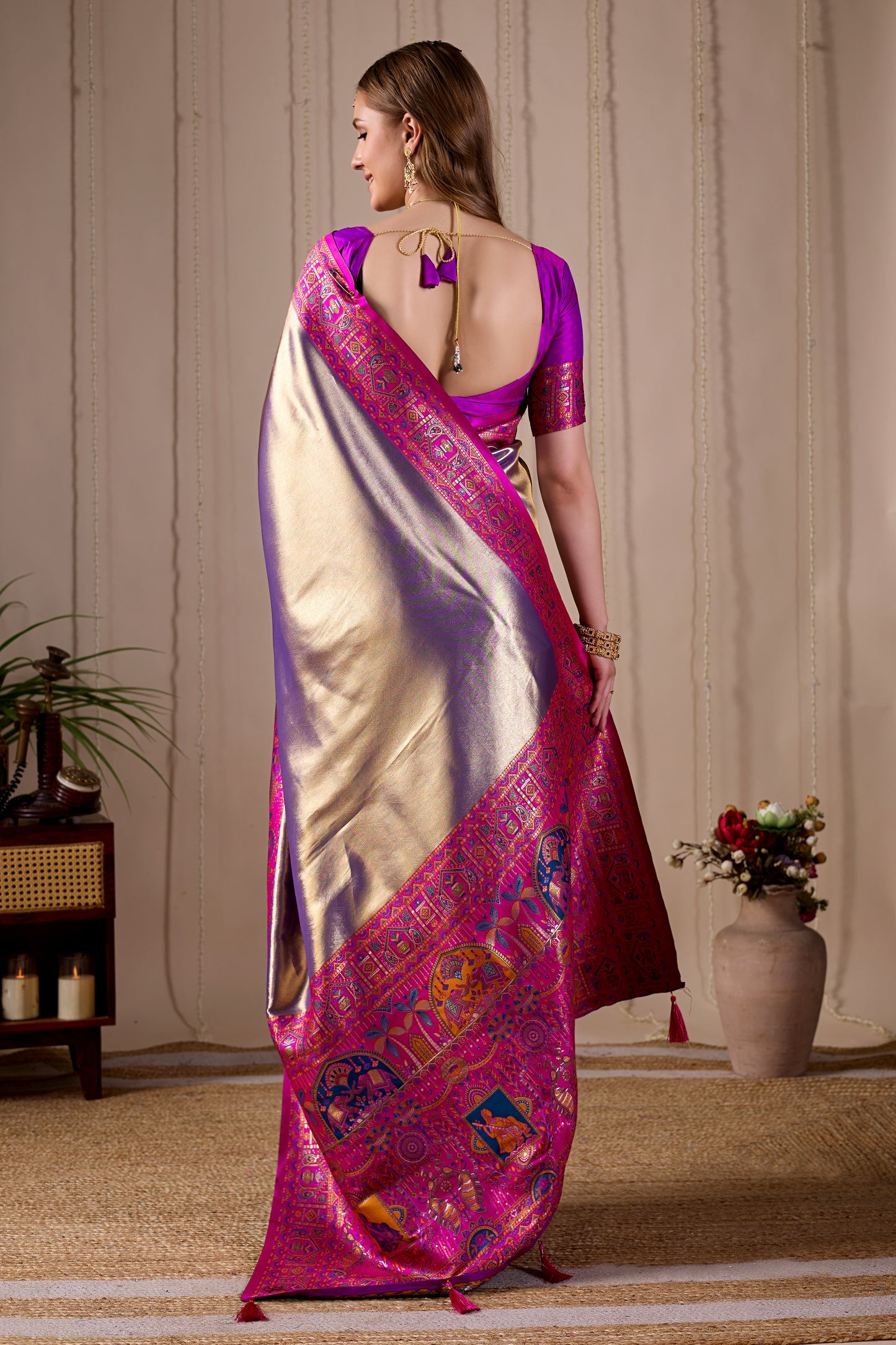 Metallic Lavender Purple Banarasi Kanjivaram Silk Saree with Rich Pink Zari Work