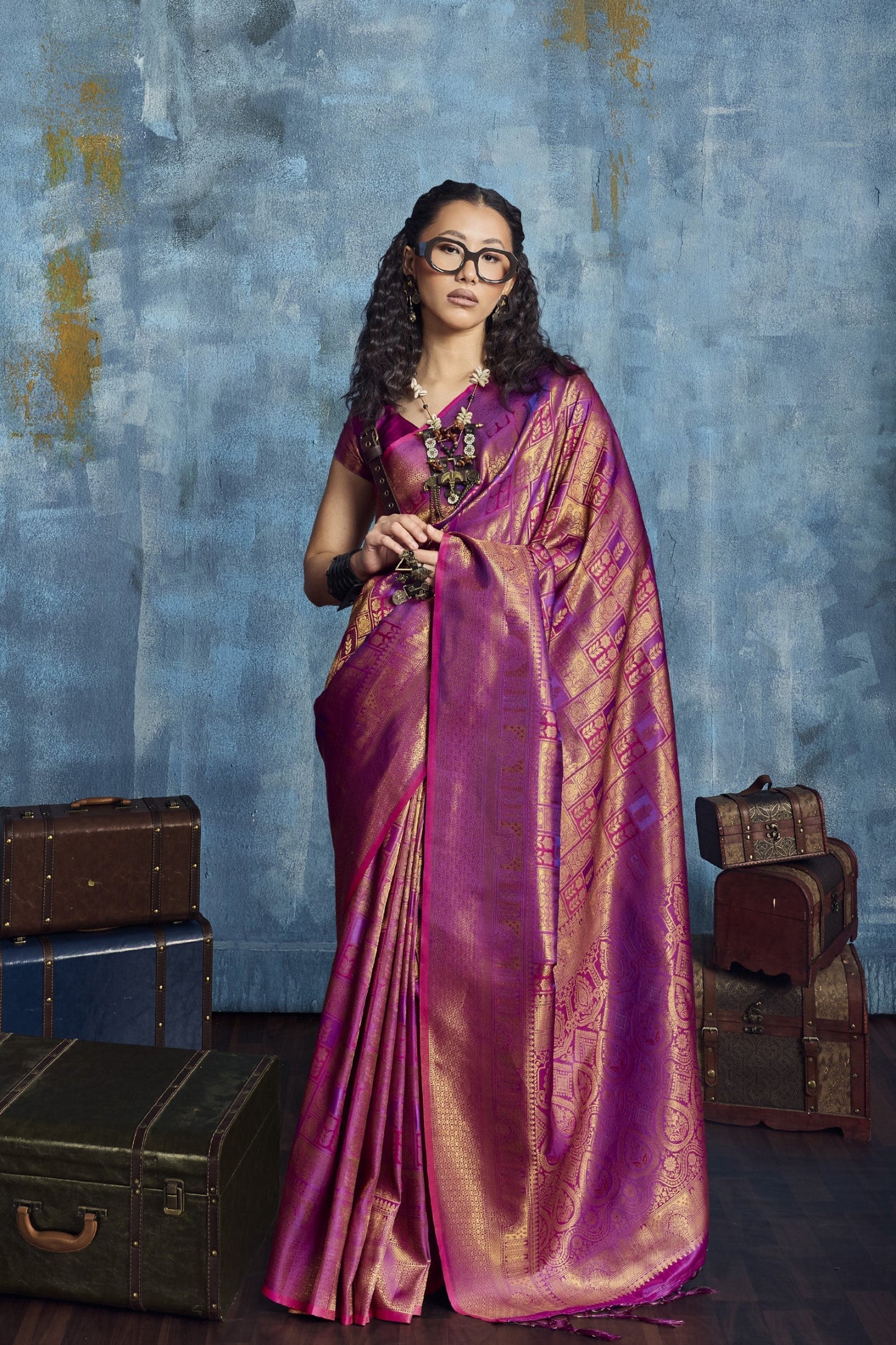Magenta Pink Banarasi Kanjivaram Silk Saree with Rich Zari Work