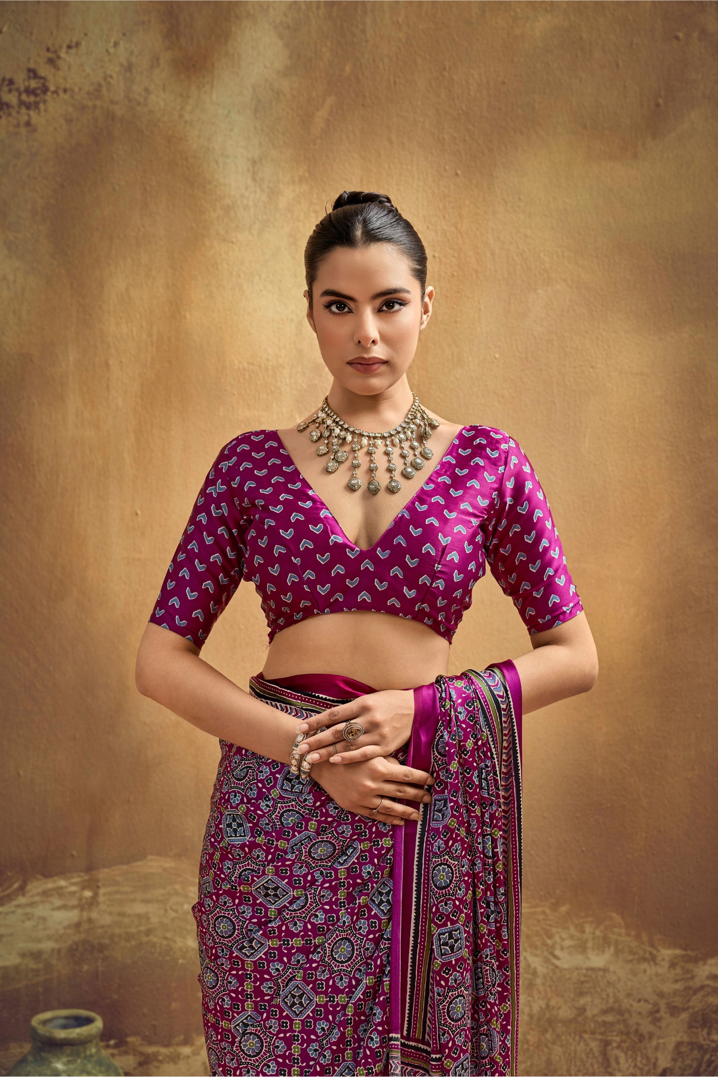Magenta Printed Silk Saree with Traditional Ajrakh-Inspired Geometric Design