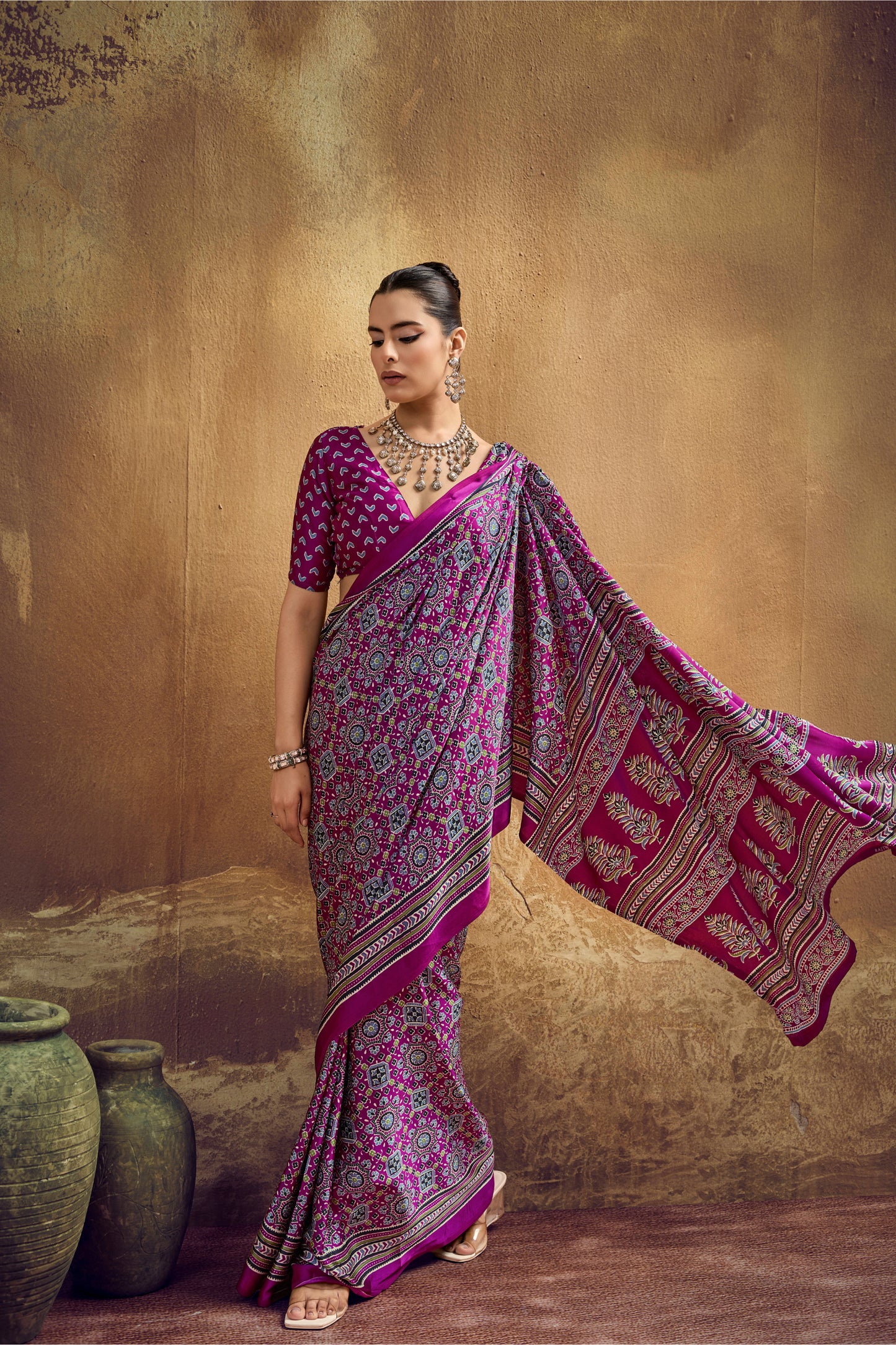 Magenta Printed Silk Saree with Traditional Ajrakh-Inspired Geometric Design